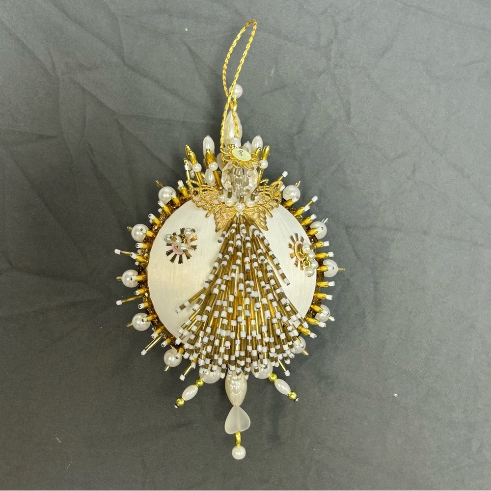 VTG Push Pin Christmas Ornament Handmade Angel Gold White Peals Sequins